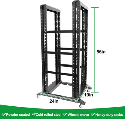 27U Server Rack/4-Post 19in Network Rack/Open Frame Rack with Wheels, Heavy-Duty Frame Cabinet/Adjustable Depth 24-22in GLOBALRACK(4POST-800-27U)