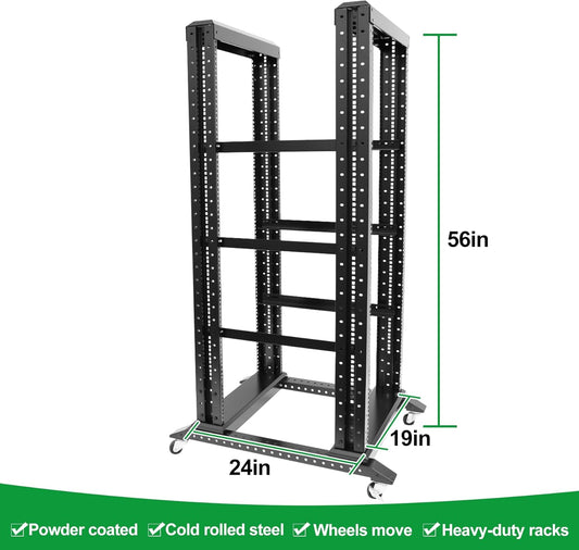 27U Server Rack/4-Post 19in Network Rack/Open Frame Rack with Wheels, Heavy-Duty Frame Cabinet/Adjustable Depth 24-22in GLOBALRACK(4POST-800-27U)