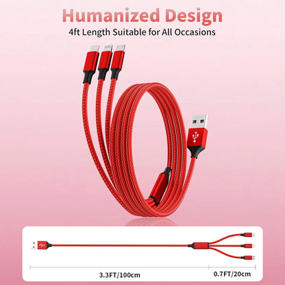 Multi Charging Cable, (2 Pack 4FT) Multi USB Charger Cable 3 in 1 Charging Nylon Braided Fast Charging Cord with Type-C, Micro USB, IP Port for Most Phones/iPhones/Tablets, Red