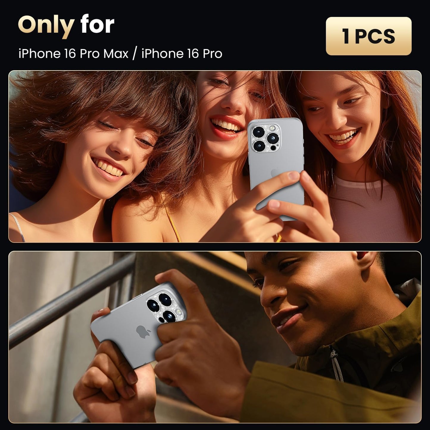 WSKEN for iPhone 16 Pro/iPhone 16 Pro Max Camera Lens Protector, [Military Grade Shatterproof] [Strong Adsorption] Metal Aluminum Alloy Tempered Glass Camera Screen Protector, Glitter