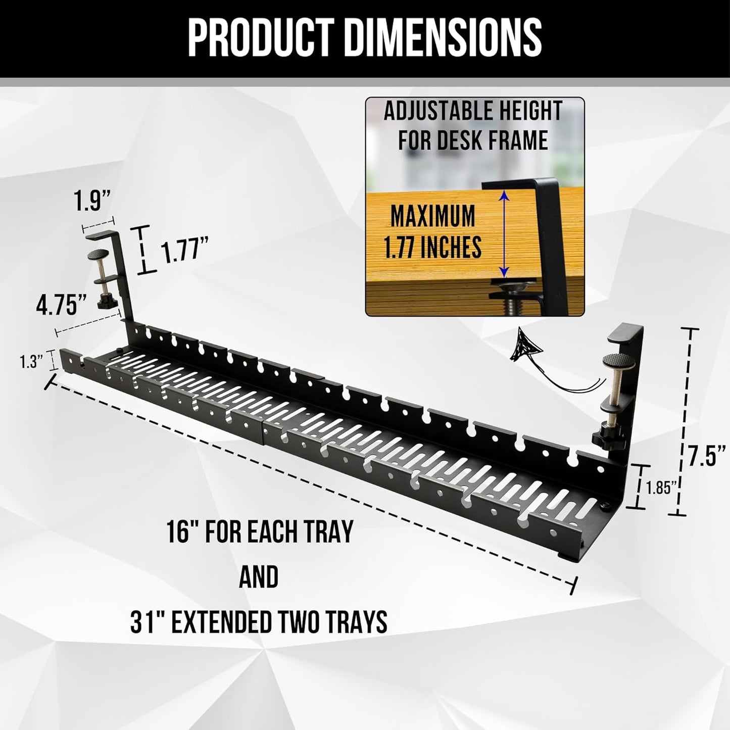 No Drill Under Desk Cable Management Tray - Extendable 16" to 31" Sturdy Steel Desk Cord Hider Raceway - Under Desk Cable Tray Holder with 38 Wire & Cable Rack Organizer Accessories - Black