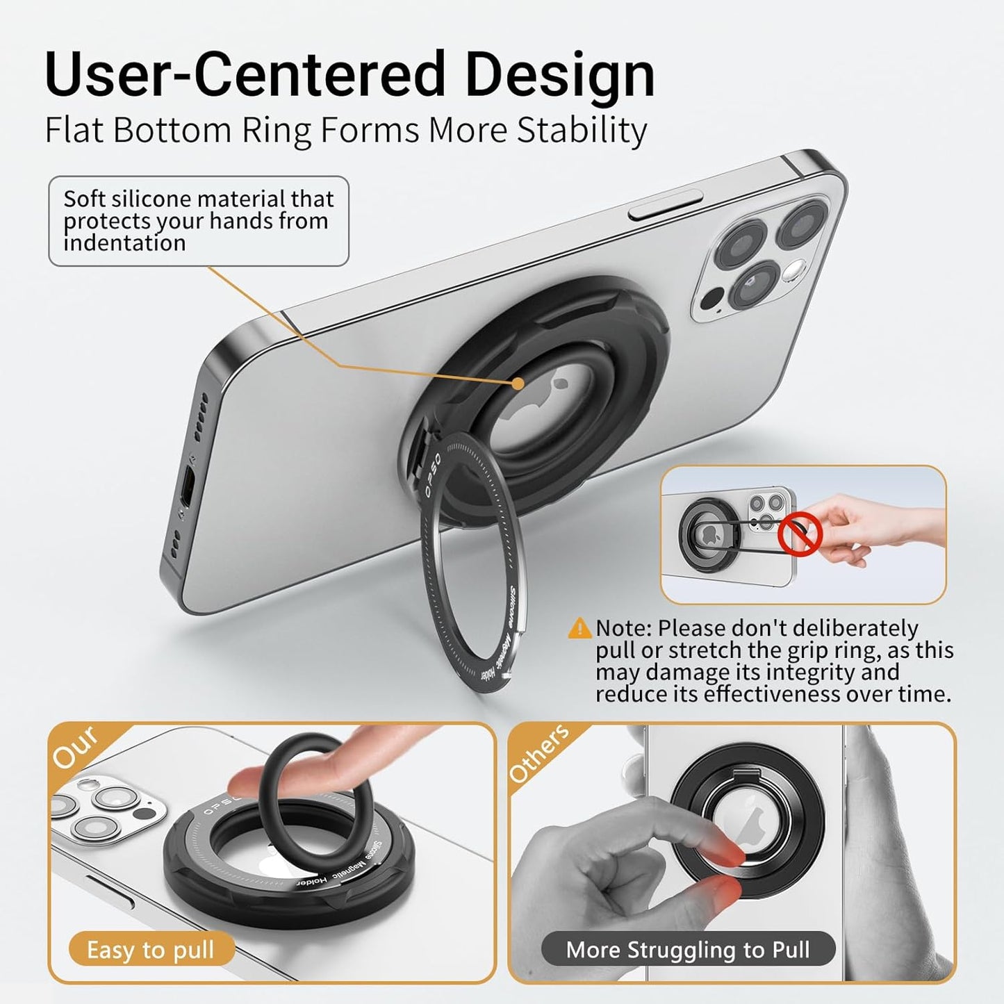 OPSO Magnetic Phone Ring Holder for MagSafe, 360 Degree Rotation Silicone Finger Ring Grip Stand Holder, Adjustable Kickstand, Compatible with iPhone 16 15 14 13 12/Pro/Max, Samsung and All Smartphone