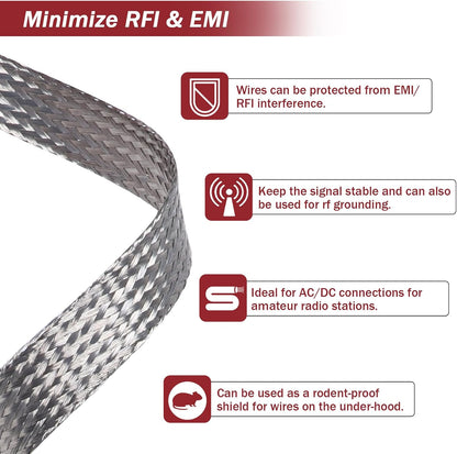 Tinned Copper Metal Braid Sleeving Wire Shielding Sleeve Braided Copper Ground Straps EMI/RFI Interference Expandable Flat Mesh Shielding Cable for Protect Wire (1/2inch-13ft)
