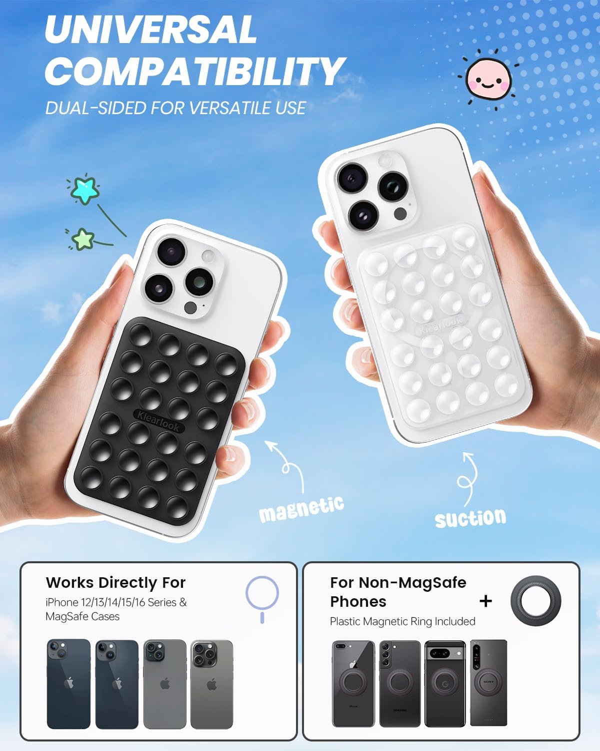 Klearlook 2Pack Magnetic Suction Phone Mount for MagSafe Case, Sticky Phone Grip Holder for iPhone, Removable Hands-Free Selfie/Video for TikTok Influencers, Women Girl Teen Gift, Transparent & Black