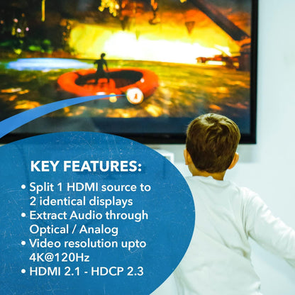 OREI 8K HDMI Splitter 1 X 2, Duplicate with Audio Extractor UltraHD Supports Upto 4K @ 120Hz IR EDID HDCP 2.3 - (BK-102A) (1x2 - Audio Out)