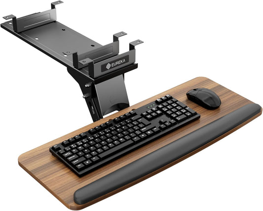 EUREKA ERGONOMIC Keyboard Tray Height Adjustable, Swivel Tilt Computer Keyboard Drawer Under Desk, 25x9.13'' Sliding Keyboard & Mouse Platform with Mouse Pad for Typing, Walnut