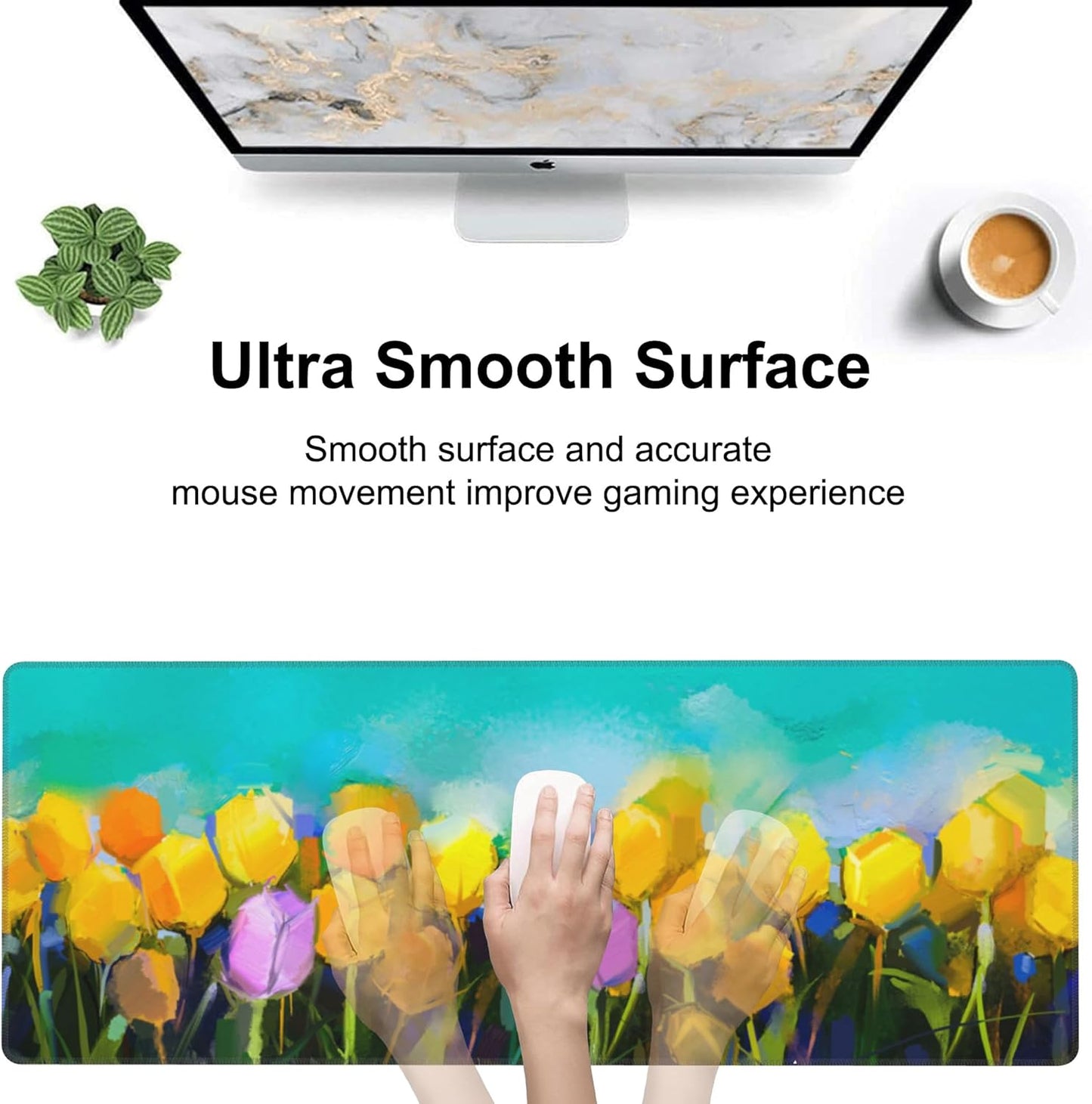 Tulips Flowers Desk Mat,Large Yellow and Violet Tulip Flowers Gaming Keyboard Mouse Pad,Non-Slip Rubber Base Desk Pad Thick Stitched Edges Waterproof Mousepad Mouse Mat 31.5"x11.8"