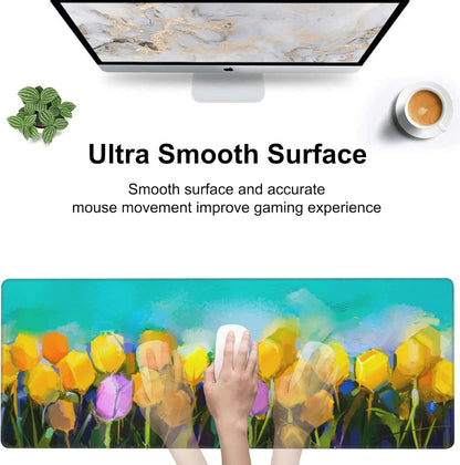 Tulips Flowers Desk Mat,Large Yellow and Violet Tulip Flowers Gaming Keyboard Mouse Pad,Non-Slip Rubber Base Desk Pad Thick Stitched Edges Waterproof Mousepad Mouse Mat 31.5"x11.8"