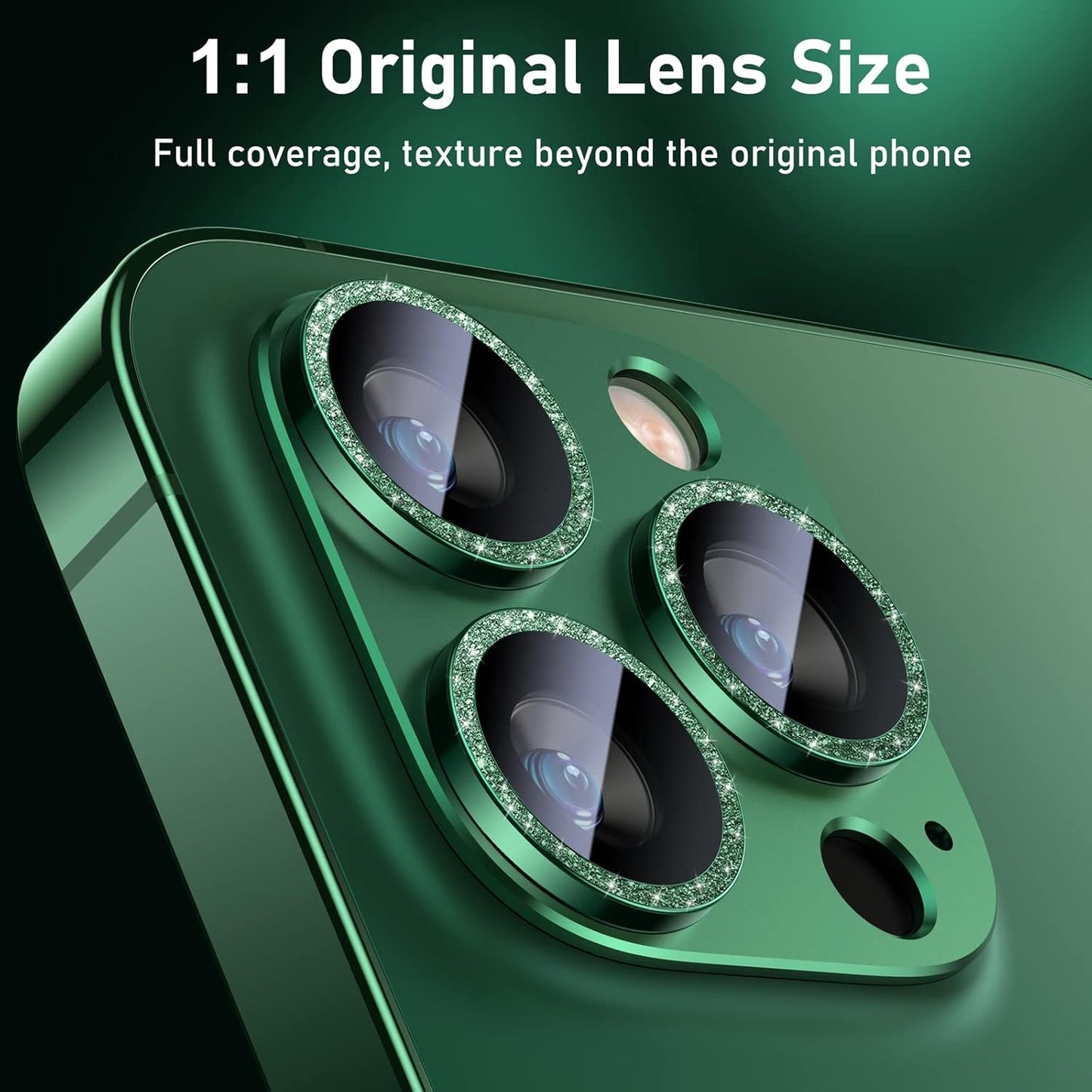 UniqueMe for iPhone 13 Pro/iPhone 13 Pro Max Camera Lens Protector, [Strong Drop Protection] [Not Easy to Fall-off] Metal Ring Tempered Glass Rear Camera Screen Cover - Alpine Green (Bling Circle)
