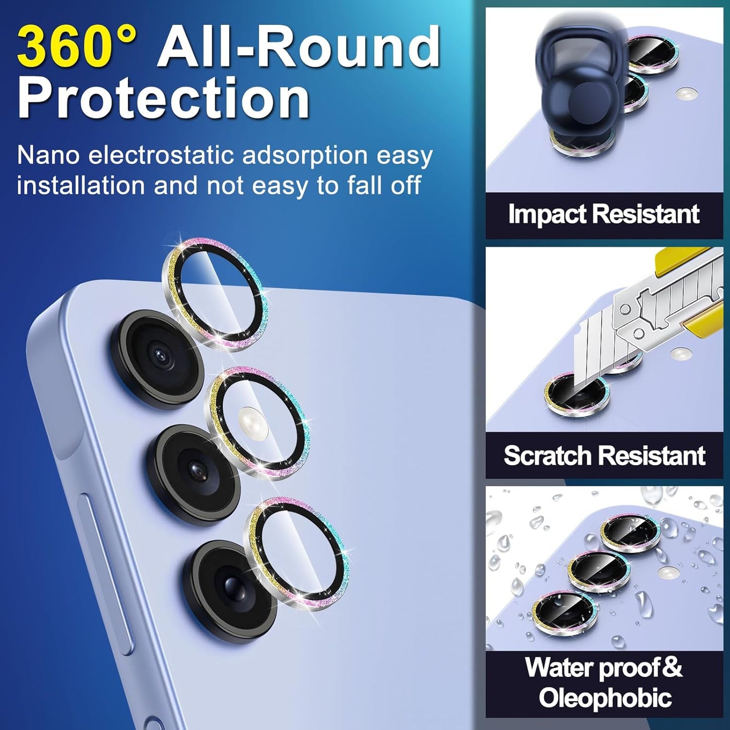 for Samsung Galaxy A16 Camera Lens Protector, Individual Metal Ring Tempered Glass Lens Cover, [Strong Adsorption] Scratch Resistant Ultra-Thin HD Clear Lens Cover, 1 Set-Colorful Sparkly