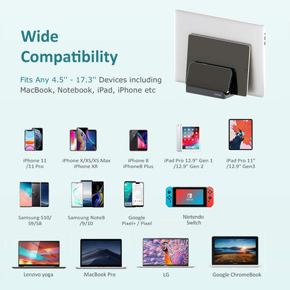 Vertical Laptop Stand - SPACEMax Adjustable GRIPLock Anti-Tip Silicone 4 Slots Aluminum Desktop Holder - Double Dock Stand - 2 Phone Slots Fits Up to 17.3” Laptops, Tablets, Phones - Gray