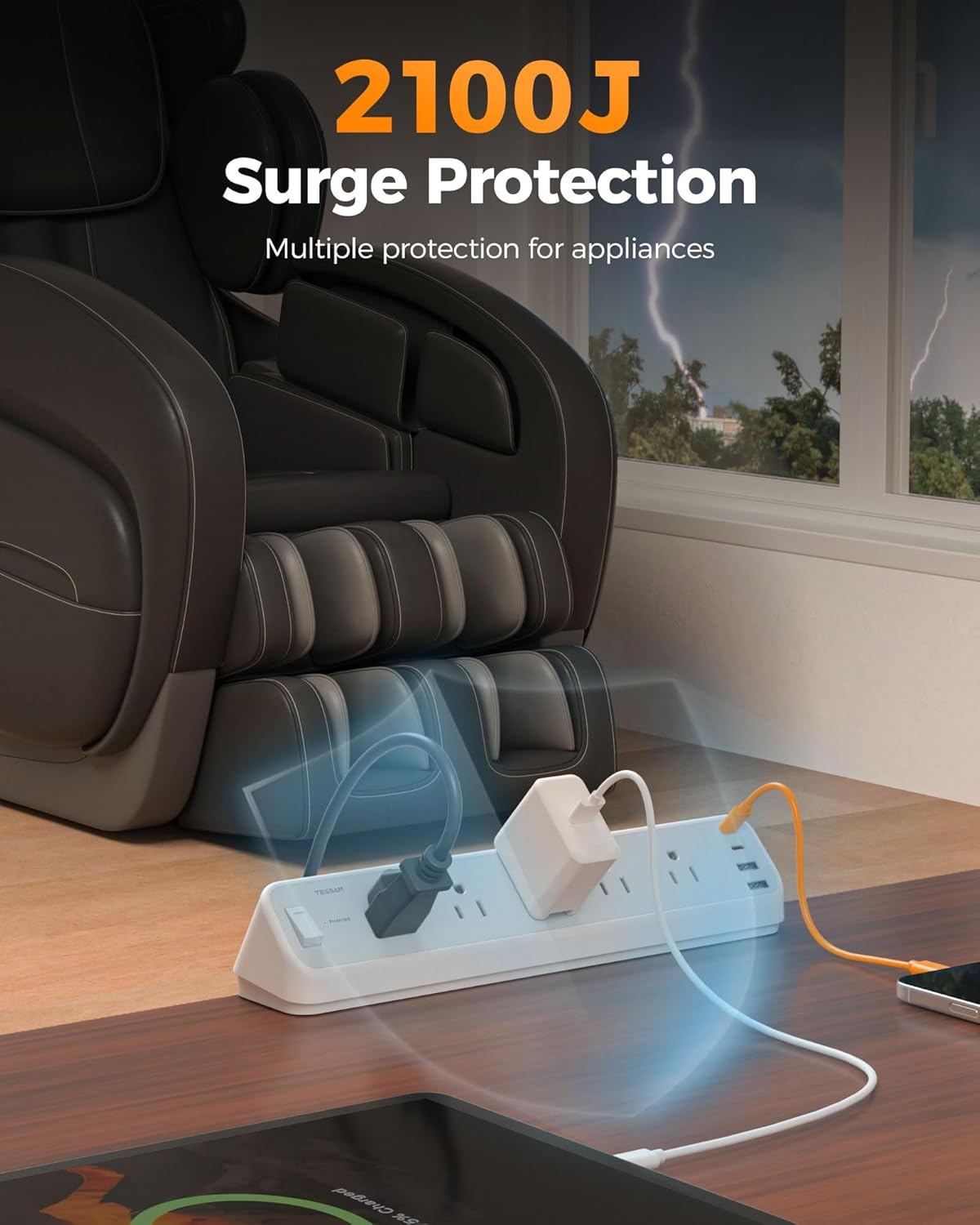 Desk Clamp Power Strip 10 Ft, TESSAN 2100J Surge Protector Desk Charging Station, 5 Outlets with 4 USB Ports (2 USB C), Flat Plug Extension Cord with Multiple Outlets for Gaming Home Office Dorm Room