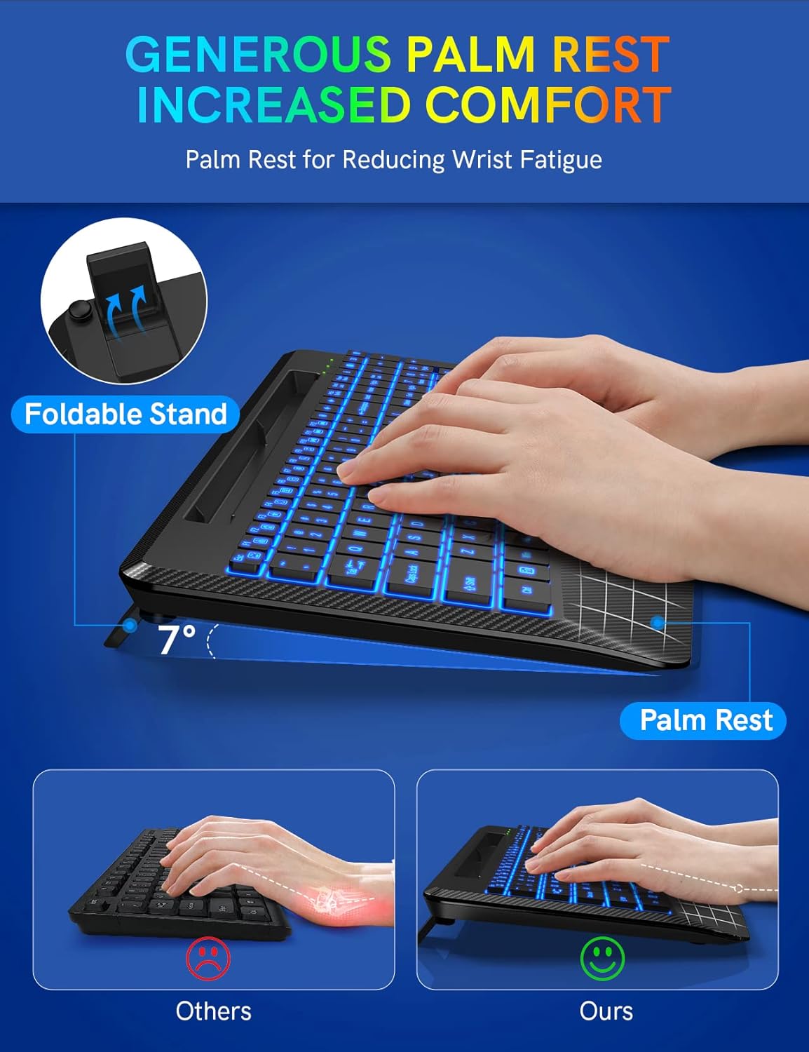 Wireless Keyboard with 7 Colored Backlits, Wrist Rest, Phone Holder, Rechargeable Ergonomic Computer Keyboard with Silent Keys, Full Size Lighted Keyboard for Windows, MacBook, PC, Laptop (Black)
