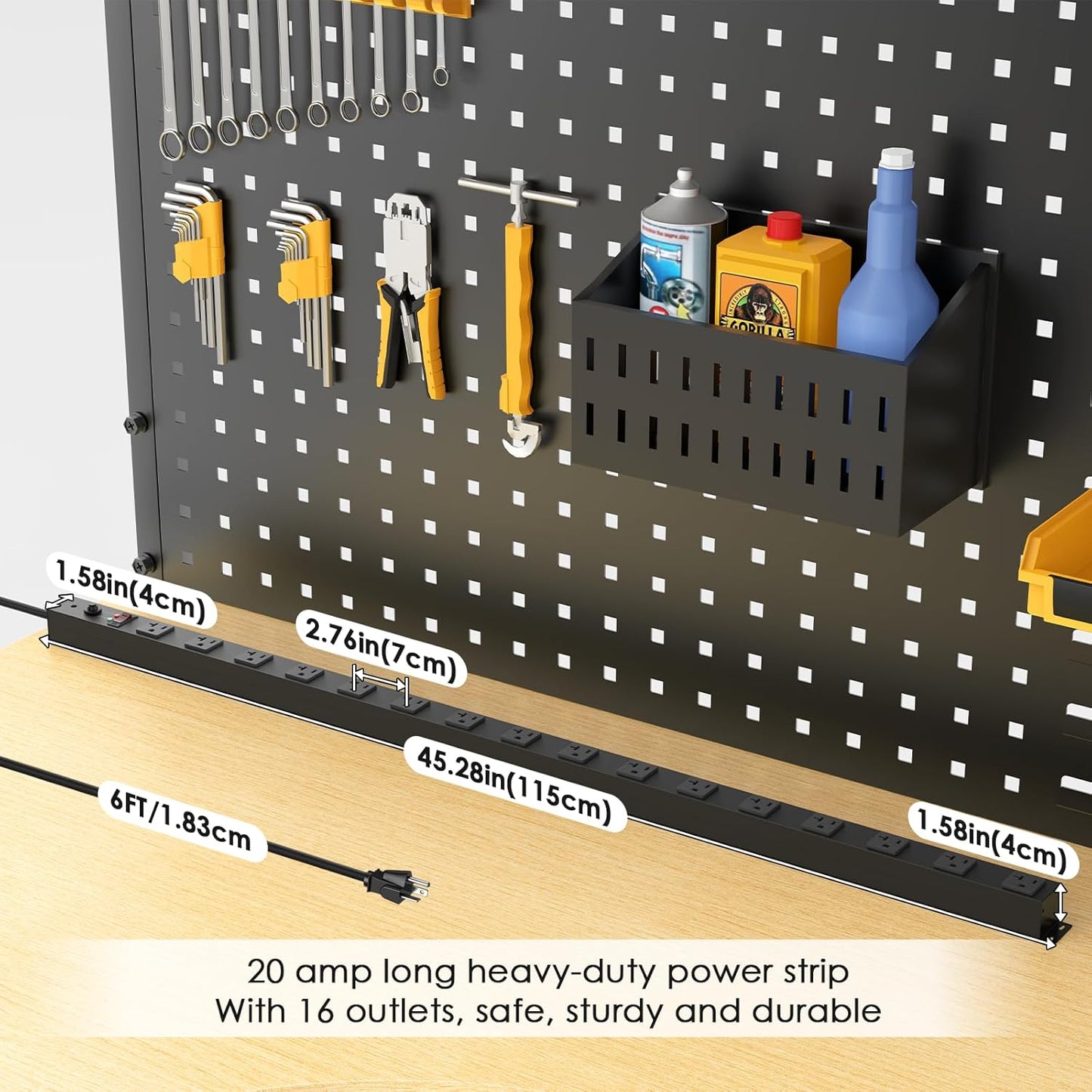 JUNNUJ Long Metal 16 Outlet Power Strip, Heavy Duty Power Strips Surge Protection 4800J with Circuit Breaker, 20a Wide Spaced Socket Wall Mount 5-15P Adapter High Amp 6-20R T-Slot 10FT Extension Cord
