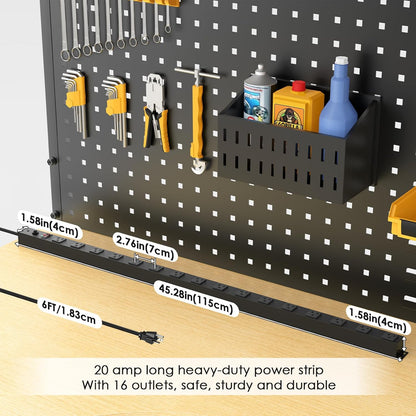 JUNNUJ Long Metal 16 Outlet Power Strip,Wide Spaced Garage Industrial Heavy Duty Power Strip,Surge Protection 4800J,Wall Mount Screws Outlet with Switch 5-15P High Amp 6-20R T-Slot (Black, 6FT)