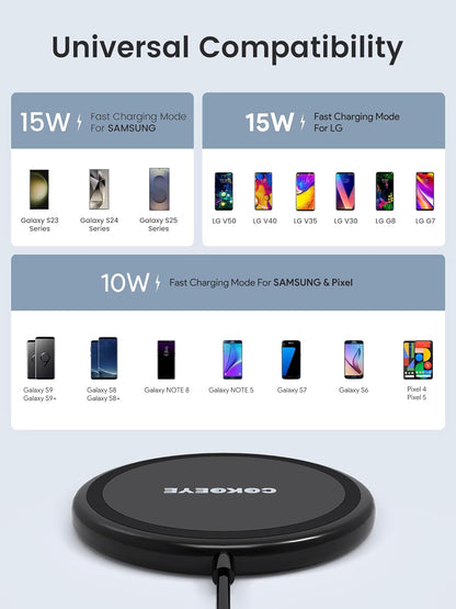 Wireless Charger, 15W Max Fast Wireless Charging Pad 2-Pack Compatible with iPhone16/16Plus/16Pro /16ProMax/iPhone15/15Pro/15Plus/14/13/12/Samsung S24 /S24Ultra/S23Ultra/S22/S21,AirPods Pro 2