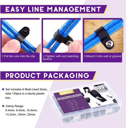 Swpeet 135 Pack 6 Sizes Black Nylon Plastic R-Type Cable Clips Clamp Assortment Kit, 1/4" 5/16" 3/8" 1/2" 3/4" 1" Nylon Screw Mounting Cord Fastener Clips with 135 Pack Screws for Wire Management