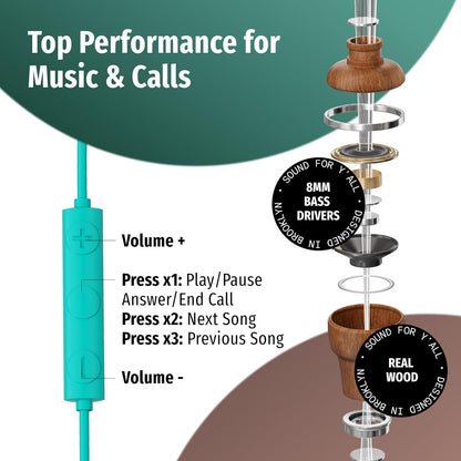 Symphonized Premium Wooden iPhone Earphones Wired (USB C) Deep Bass Sound, 3D Sound, Microphone Volume Control, 90% Noise Cancelling for Type C Devices. Earphones for iPhone 15 to 16 & Android