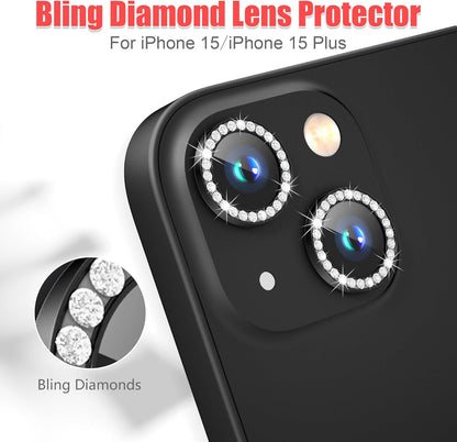 AGVEE 3+3 6 Pack for iPhone 15/15 Plus, Bling Diamond & Glitter Metal Ring 9H Tempered HD Glass Camera Protector Cover Film