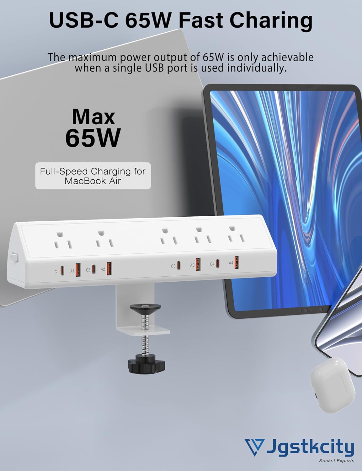 Desk Clamp Power Strip 65W Fast Charging Station,4 PD USB-C,5 Outlets,Nightstand Desk Edge Mount Tower Surge Protector,15 Amp Heavy Duty Power Strip,Fits 1.96" Tabletop Edge (White, 10 FT Cable)