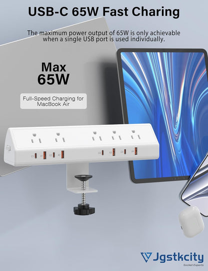 Desk Clamp Power Strip 65W Fast Charging Station,4 PD USB-C,5 Outlets,Nightstand Desk Edge Mount Tower Surge Protector,15 Amp Heavy Duty Power Strip,Fits 1.96" Tabletop Edge (White, 10 FT Cable)