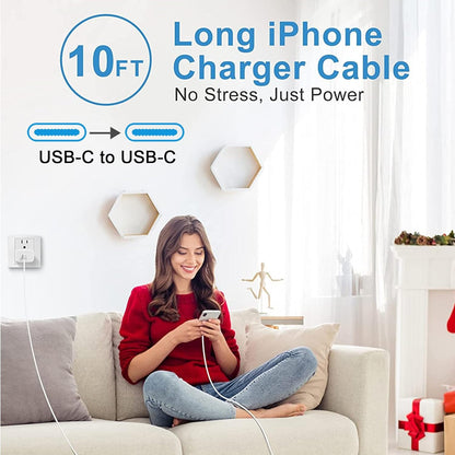 iPhone 15 16 Charger Fast Charging,Extra Long 10FT USB C to USB C Cable 20W USBC Apple Fast Charger Block for iPhone 16/16 Plus/16 Pro/16 Pro Max/16e/15/15 Plus/15 Pro/15 Pro Max/iPad Pro/Air/AirPods