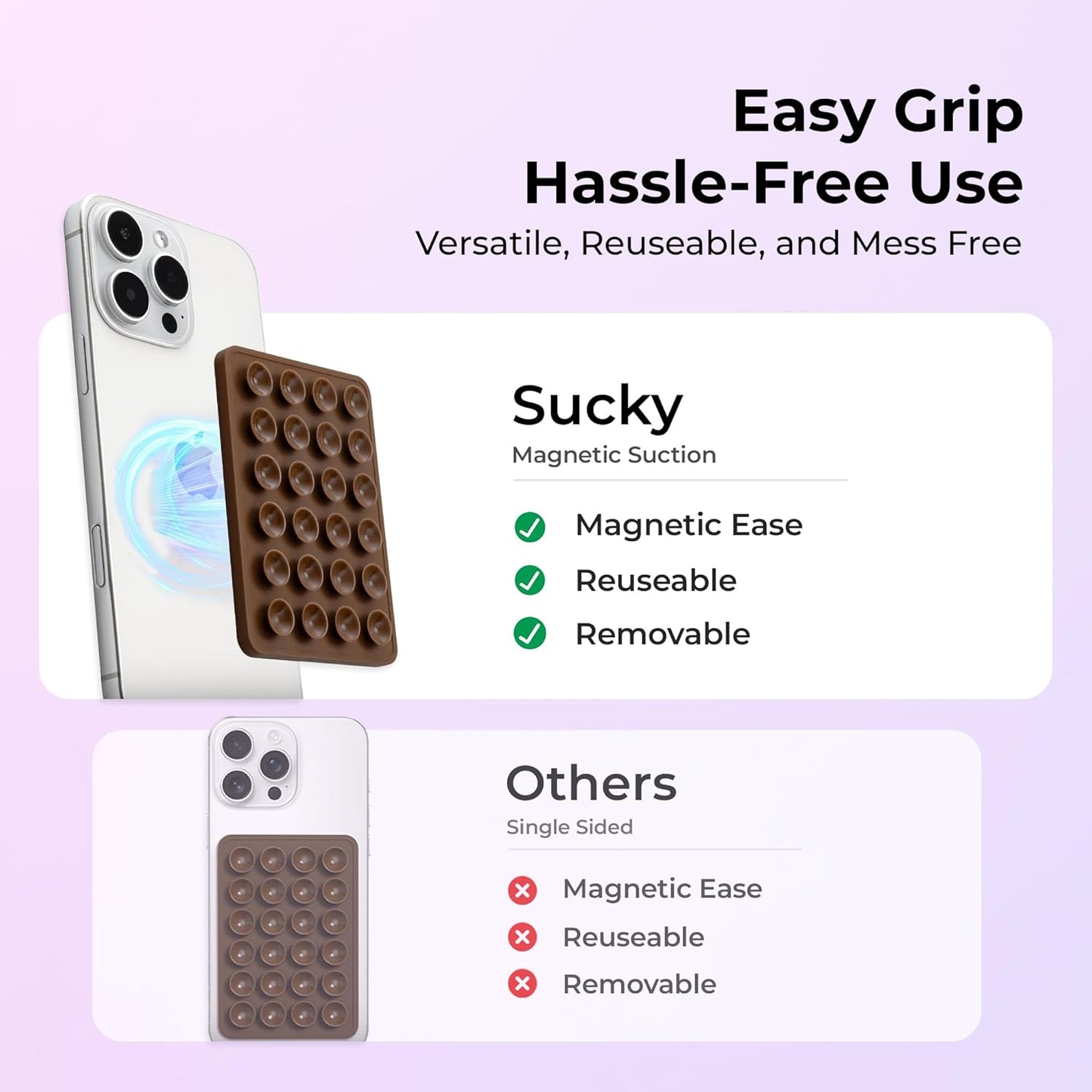 Sucky Upgraded Magnetic Suction Cell Phone Grip for MagSafe Case, Silicone Octo Cup Buddy Holder, Durable Magnet Phone Accessory for iPhone and Android (Black)