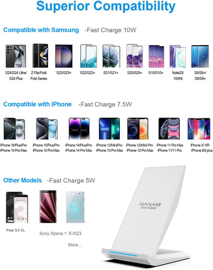 NANAMI Fast Wireless Charger, Qi Certified Charging Stand[with 20W PD Charger] 7.5W for iPhone 16/16 Plus/16 Pro/16 Pro Max/15/14/13/12,10W for Samsung Galaxy S25/S25+/S25 ultra/S24/S24 Ultra/S23/S22