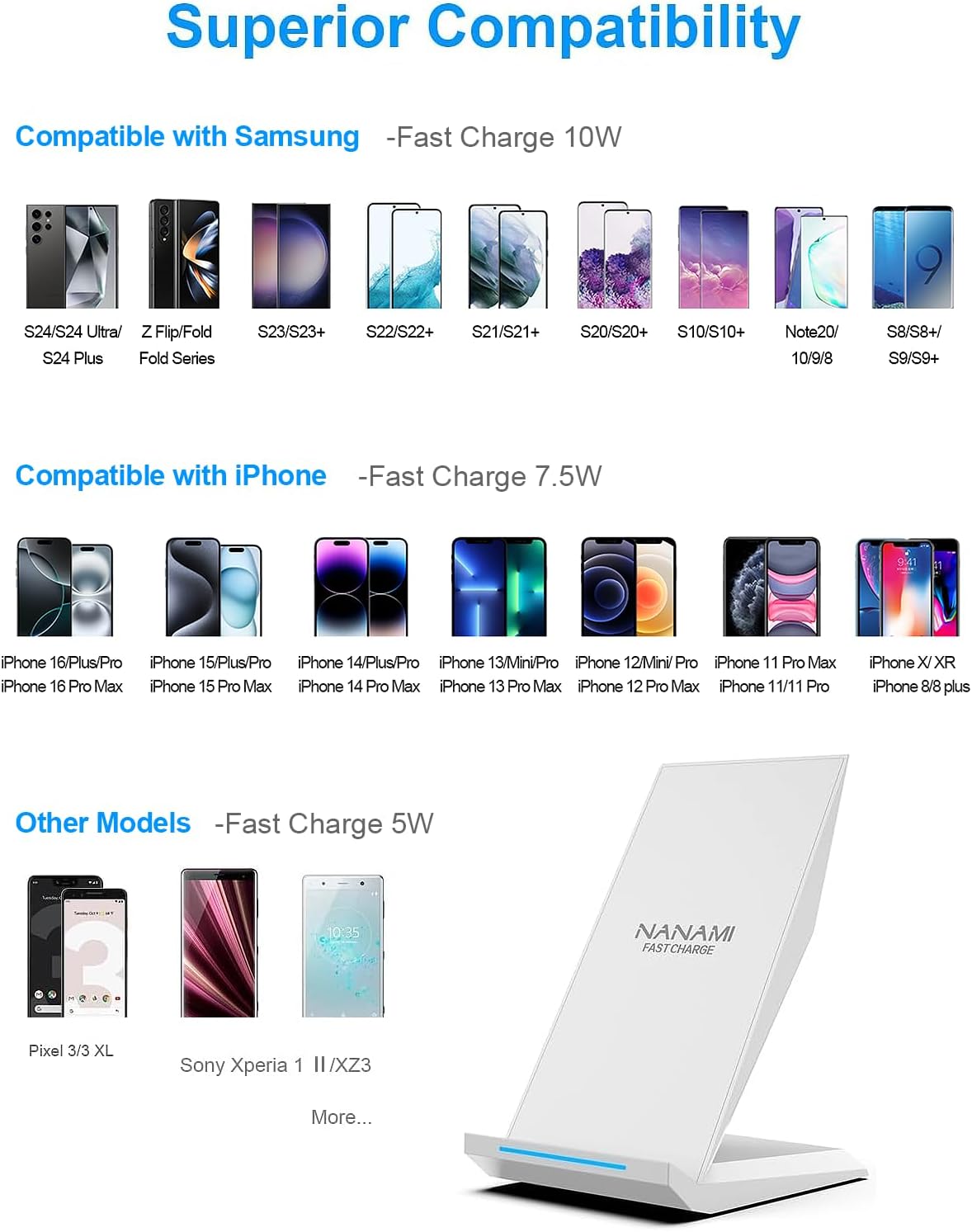 NANAMI Fast Wireless Charger - Qi Certified Charging Stand 7.5W Compatible iPhone 16/16 Plus/16 Pro/16 Pro Max/15/14/13/12,10W for Samsung Galaxy S24/S24 Ultra//S23/S22/21/S20 and Qi-Enabled Phones