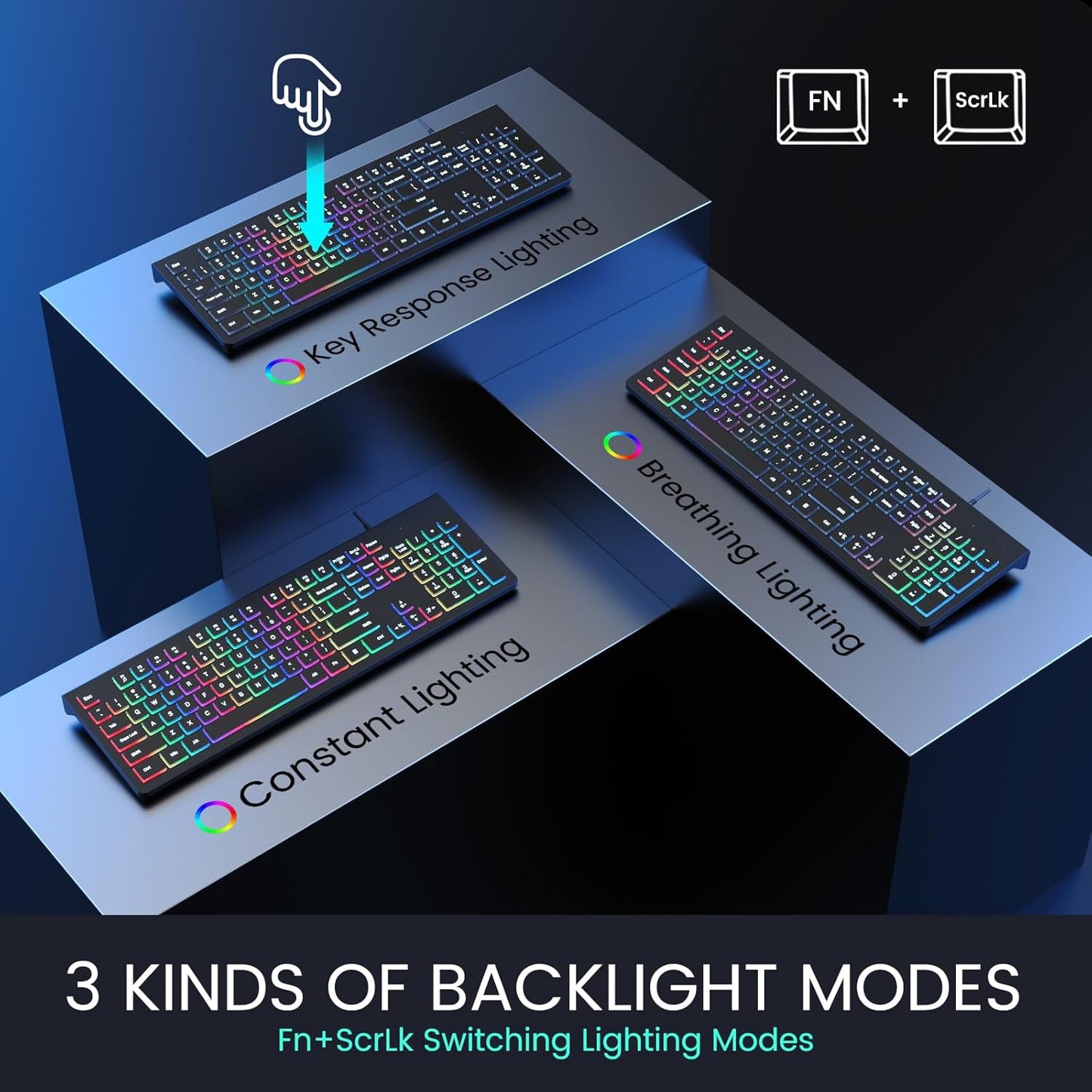 Wired Backlit Keyboard, Lighted Computer Keyboard with 8° Adjustable Stand, Ergonomic Design, Spill-Proof Keys, 5ft Cable, Compatible with Windows & Mac
