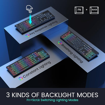 Wired Backlit Keyboard, Lighted Computer Keyboard with 8° Adjustable Stand, Ergonomic Design, Spill-Proof Keys, 5ft Cable, Compatible with Windows & Mac