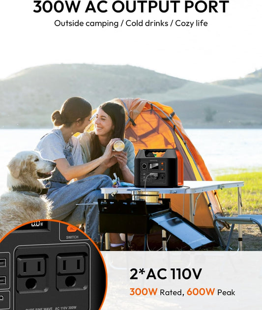 Apowking Portable Power Station 300W Rated(600W Peak), 256Wh LiFePO4 Battery, Solar Powered Power Bank with 2 AC Outlet 110V Pure Sine Wave, Solar Generator for Home Outdoor Camping Emergency