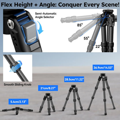 SIRUI Carbon Fiber Mini Tripod with Bowl Base, 33lbs Max Load, Ultra-Lightweight 1.63lbs, 8.82in Folded, 360° Panorama & ±15° Tilt for Camera/Phone/Vlogging（AM-223LS）