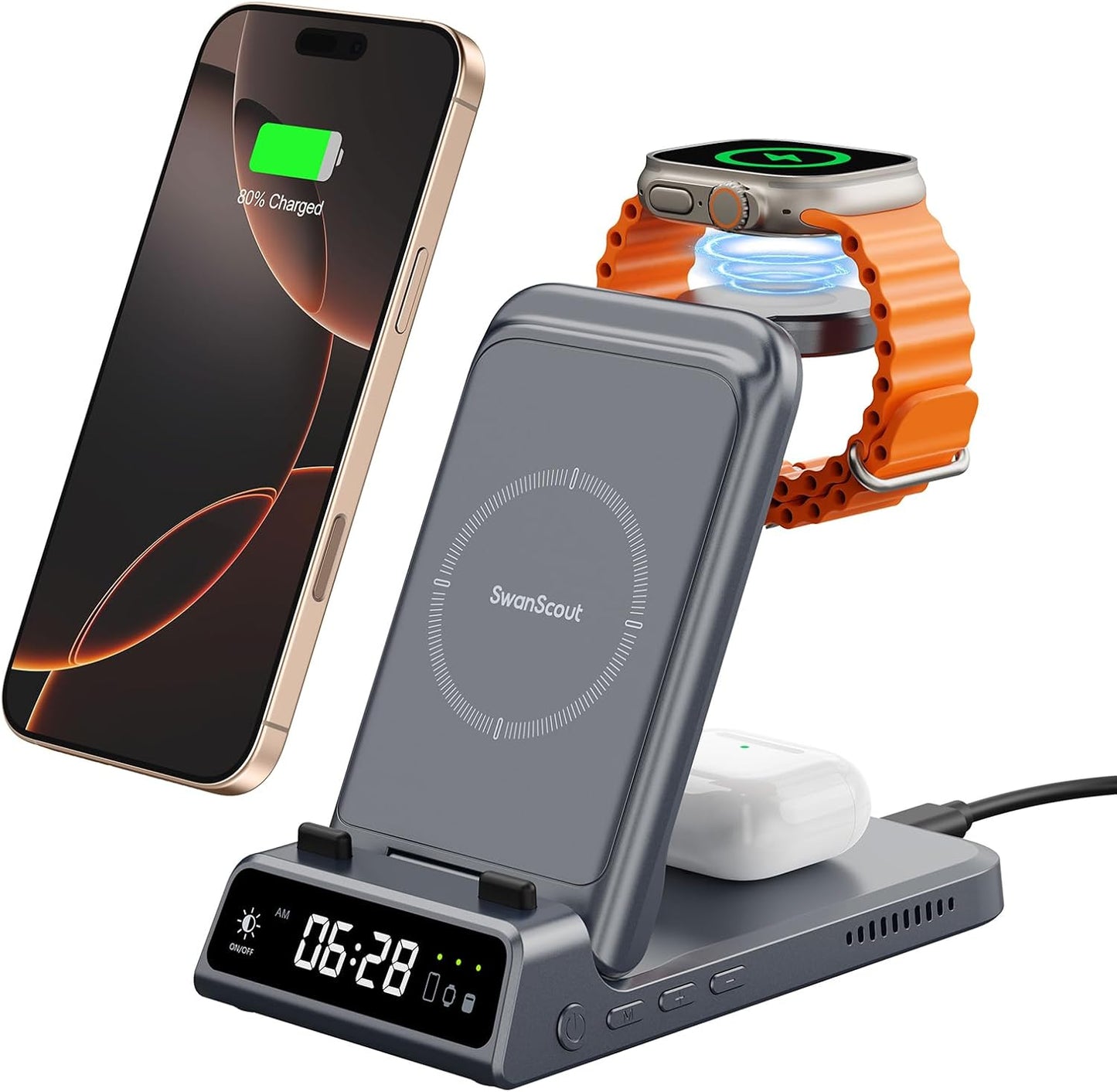 Wireless Charger for iPhone, SwanScout 703A, Charging Station for iPhone 16/15/14/13/12/11 Series, for Apple Watch Series 10/Ultra 2/9/8/7/SE 2/SE, for Airpods 4/Pro 2/3 (No Adapter)