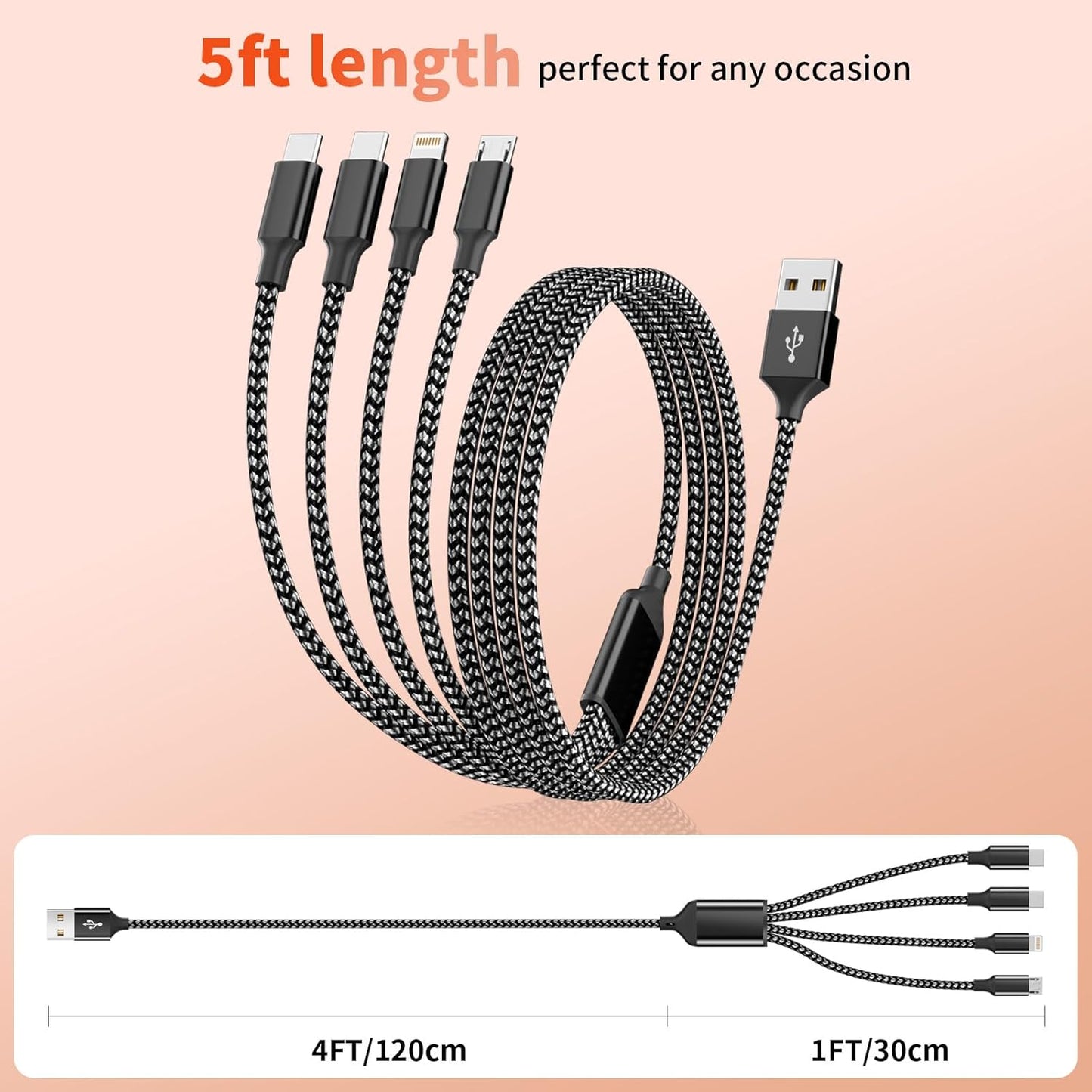 Multi Charging Cable,Dual Type-C Multiple Charger Cable Nylon Braided 4 in 1 Multi USB Cable Charging Cord with IP/Type C/Micro USB Ports for Cell Phones/iPhone/Tablets/Samsung Galaxy & More-1Pack 5Ft