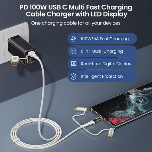 USB C to Multi Charging Cable, USAMS 100W 6.6FT 5A Type C to Type C Fast Charger Charging Cord with LED Display 5-in-1 C/A to C/Micro/IP Sync Charger Adapter Compatible for Laptop/Tablet/Phone