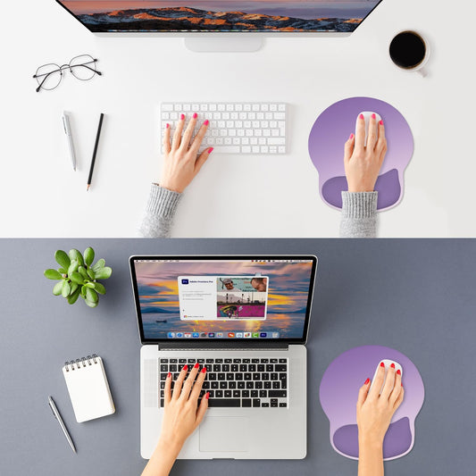 ITNRSIIET Ergonomic Mouse Pad with Wider Memory Foam Wrist Rest +17% - Curved Cushion Reduces Pressure 20%, Pain Relief, Non-Slip, Smooth, Cute Colors, 9.85 x 9 in, Lavender Fade