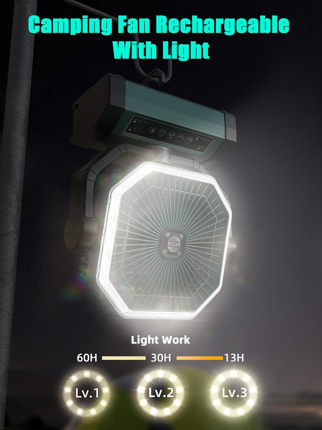 Portable Rechargeable Fan - 9-Inch Camping Fan for Tent, 20000mAh(60Hrs) Battery Operated for Camping, Auto Oscillation Cordless, Tent Fan with Remote/Light, 4 Speeds, 4 Timing, Outdoor