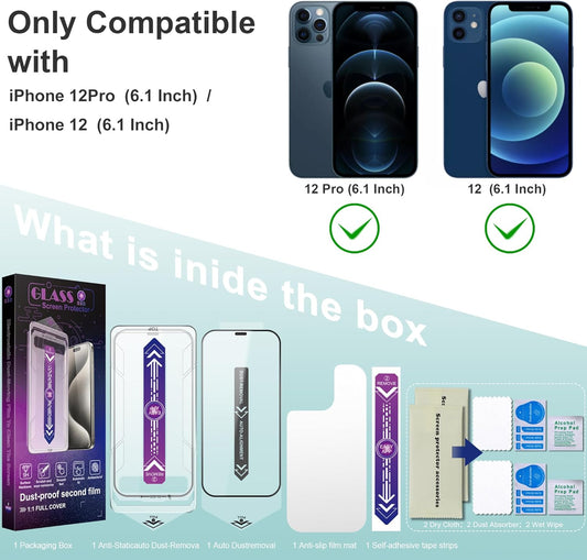 2 Pack Screen Protector Tempered Glass for iPhone 12 and iPhone 12 Pro 6.1-Inch Auto Dust Removal, No Bubbles, High Definition Clear, Easy Installation