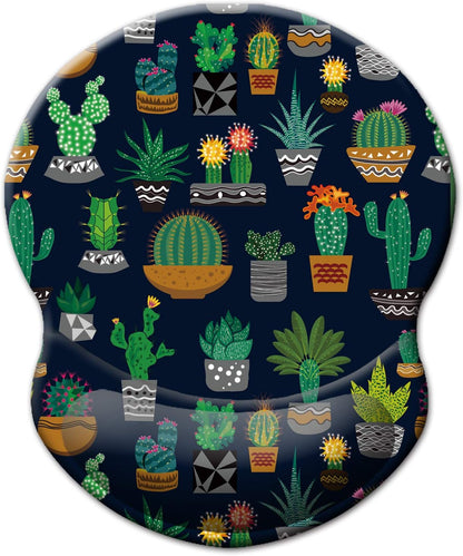 ITNRSIIET Ergonomic Mouse Pad with Gel Wrist Support Small Wrist Rest Smooth Surface Non-Slip PU Base Comfortable Office Supplies Pain Relief, 8.7 x 7.2 inches, Cute Cactus with Black Design