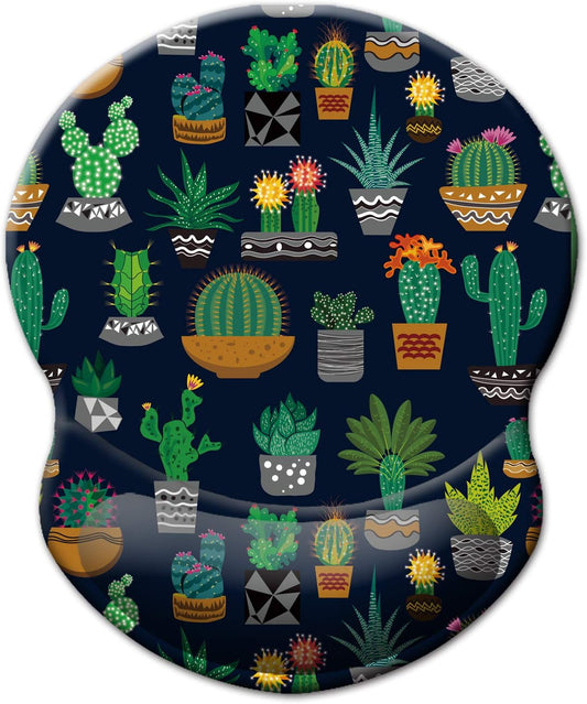 ITNRSIIET Ergonomic Mouse Pad with Gel Wrist Support Small Wrist Rest Smooth Surface Non-Slip PU Base Comfortable Office Supplies Pain Relief, 8.7 x 7.2 inches, Cute Cactus with Black Design
