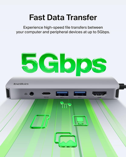 Belkin USB-C Hub, 7-in-1 Multiport Adapter - USB Docking Station with 4K HDMI, USB-C PD 3.0 Port, 2 x USB-A 3.1 Ports, SD Card & MicroSD Card Slots, & 3.5mm Audio Jack for MacBook, Air, iPad Pro, XPS
