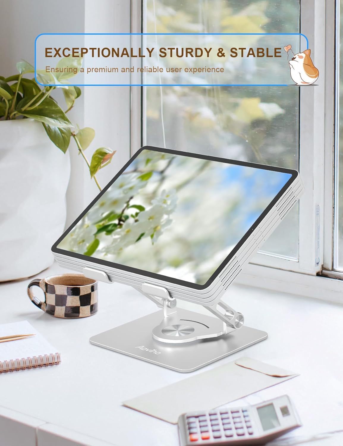 Tablet Stand 360° Rotating Aluminum Holder, Adjustable, Portable and Foldable Monitors Stand for iPads, Compatible with 4-12.9" Tablets, Silver