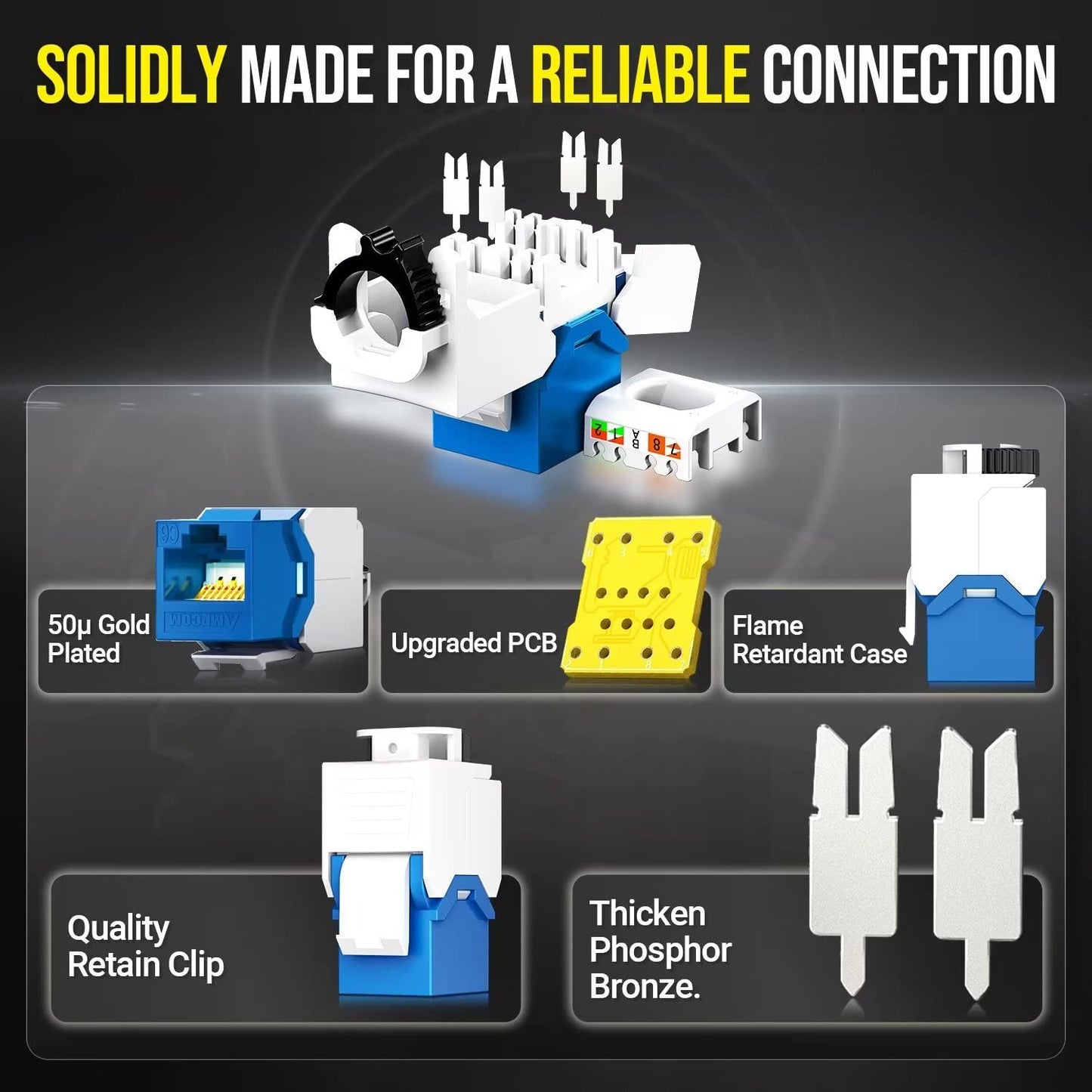 AMPCOM CAT6 RJ45 Keystone Jack - Reusable UTP Ethernet Wall Jack with Adjustable Ratchet Lock Design, No Tool and Zip Tie Required - 50u Gold Plated - Blue (12-Pack)