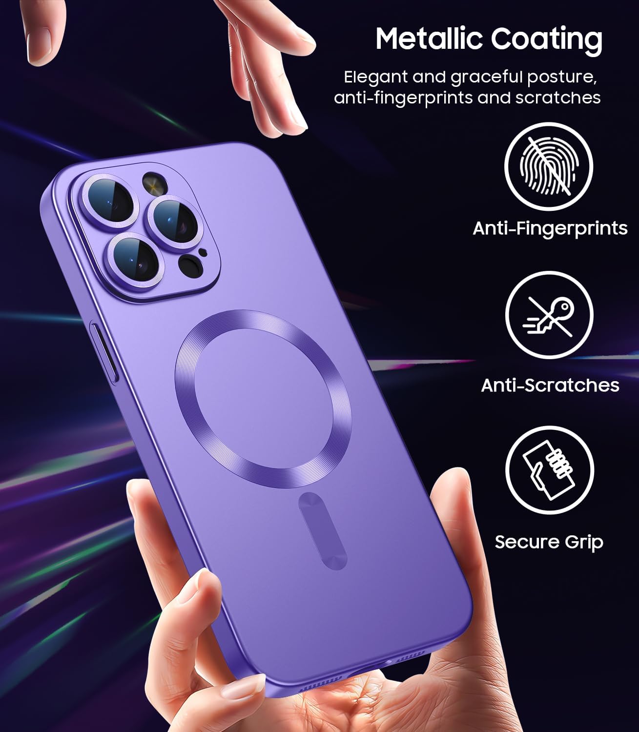 Magnetic for iPhone 15 Pro Max Case [Compatible with MagSafe][Built-in Camera Lens Protector] Slim Soft Silicone Bumper Shockproof Metallic Luster Phone Case (Purple)