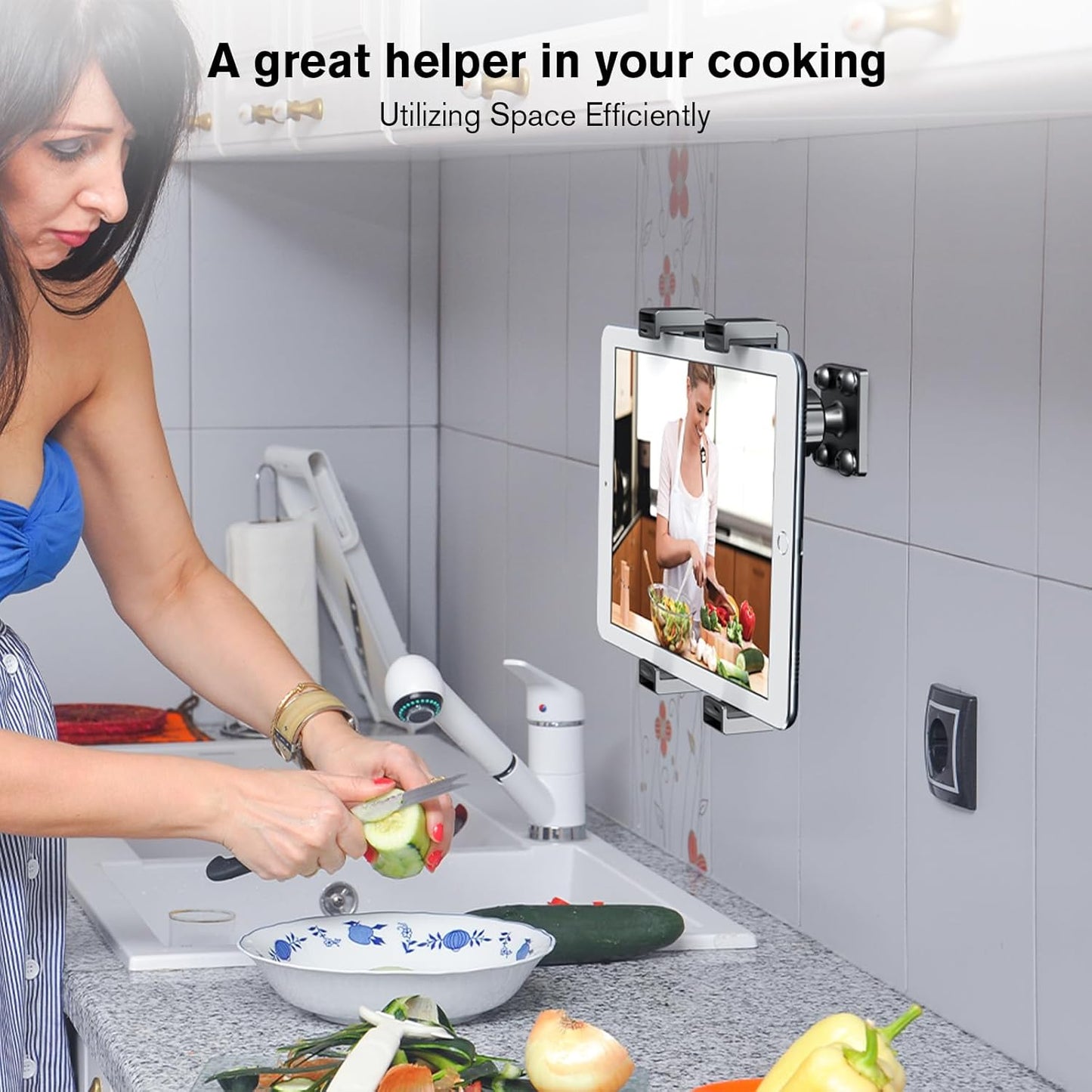 PLDHPRO Tablet Wall Mount, 360° Rotation Universal iPad Holder Stand Compatible with Galaxy Tab, Surface, Fire HD, e-Readers, 7-12.9'' Tablets for Kitchen, Bathroom, Warehouse, Drilled Screw Mounted