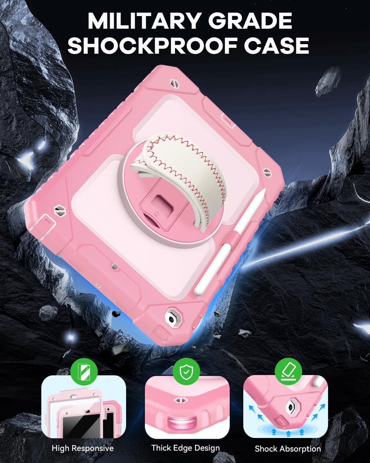 Cantis Case for iPad 9th/8th/7th Generation with Screen Protector, iPad 10.2 Case 2021/2020/2019 with 360 Degree Rotating Stand/Shoulder Strap/Pencil Holder, Pink