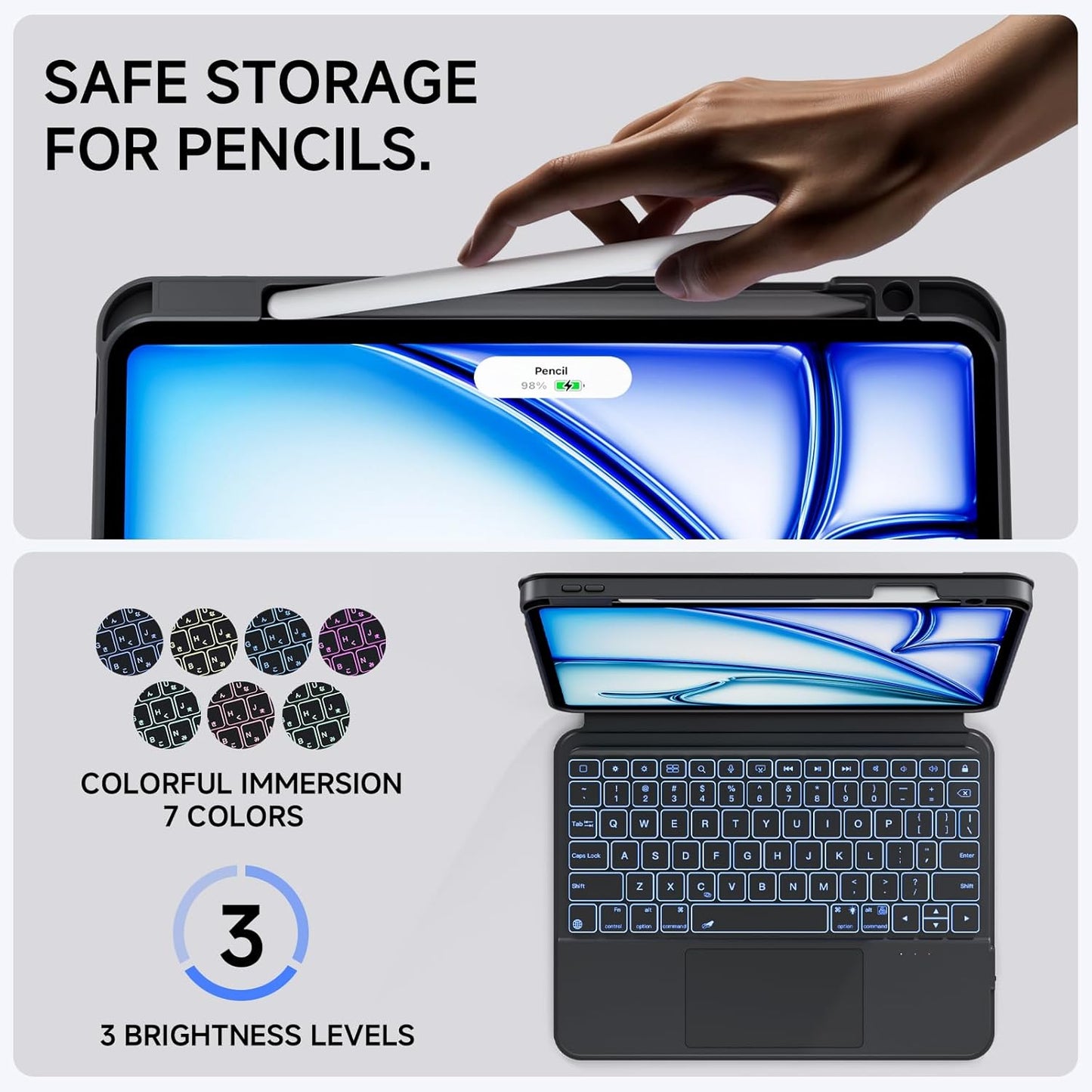 ONLY fit for iPad 12.9 inch Pro 6/5/4/3rd Gen & 13 inch iPad Air (2025 M3, 2024 M2) Case with Detachable Keyboard Trackpad, 360 Rotate Cover Pencil Holder 12 Shortcut Key 7 Color Backlit, Black