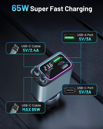 4 in 1 Retractable Car Charger with RGB Light, 92W Fast Charging Dual USB C Car Adapter, Compact Car Phone Charger for iPhone/Galaxy/Pixel, Road Trip Essentials (Dual Type C Cable)