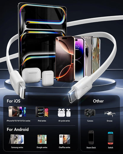 4-in-1 Retractable Gan Wall Charger Plug,Travel Essentials Brick Multiport USB Ports,3ft Lightening and Type C Cables,40W Multi Fast Charging Foldable Block for iPhone 16/15/14/13,iPad,Galaxy,Pixel